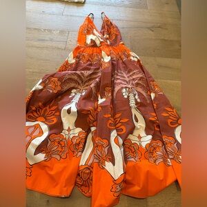 Johanna Ortiz Orange Brown Floral Midi Dress